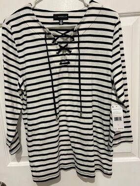 Rafaella Black and White Striped Lace-Up Long Sleeve Top